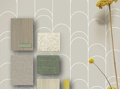 Moodboard van een wachtkamer inrichting met grijze tinten