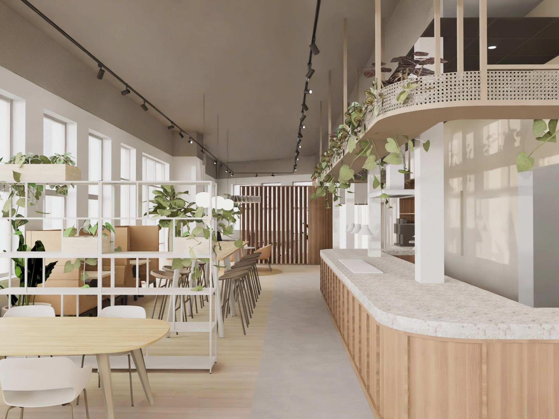 3D rendering van een kantine inrichting in Delft